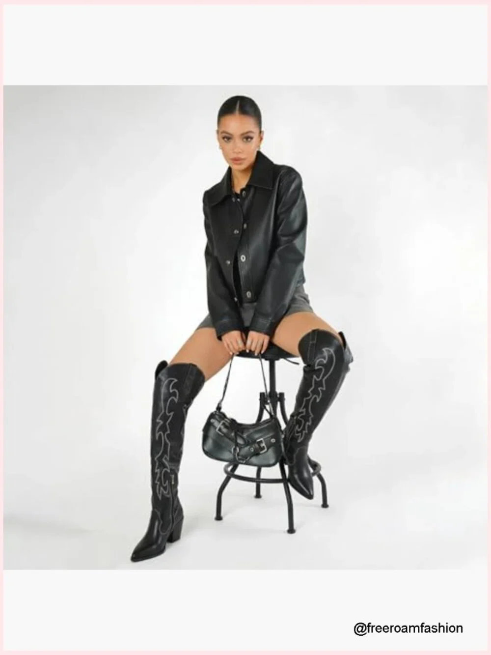 Embroidery Thigh High Cowboy Boots Over Knee Chunky Heel PU Leather